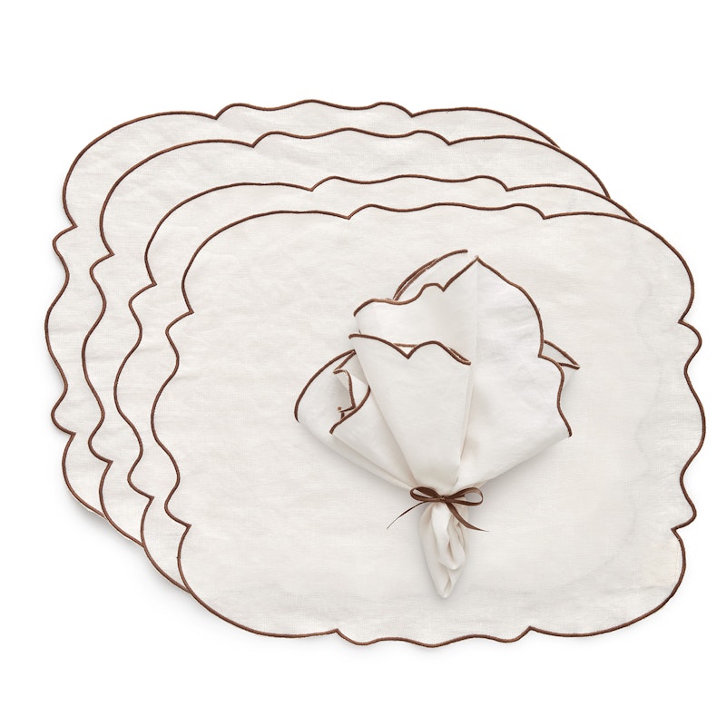 Gia Textile Set 4 Placemats + 4 Napkins, White / Brown