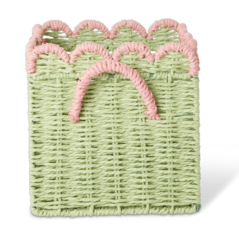 Paper Rope Basket Foldable With Scalloped Edges 20 cm, Green / Pink