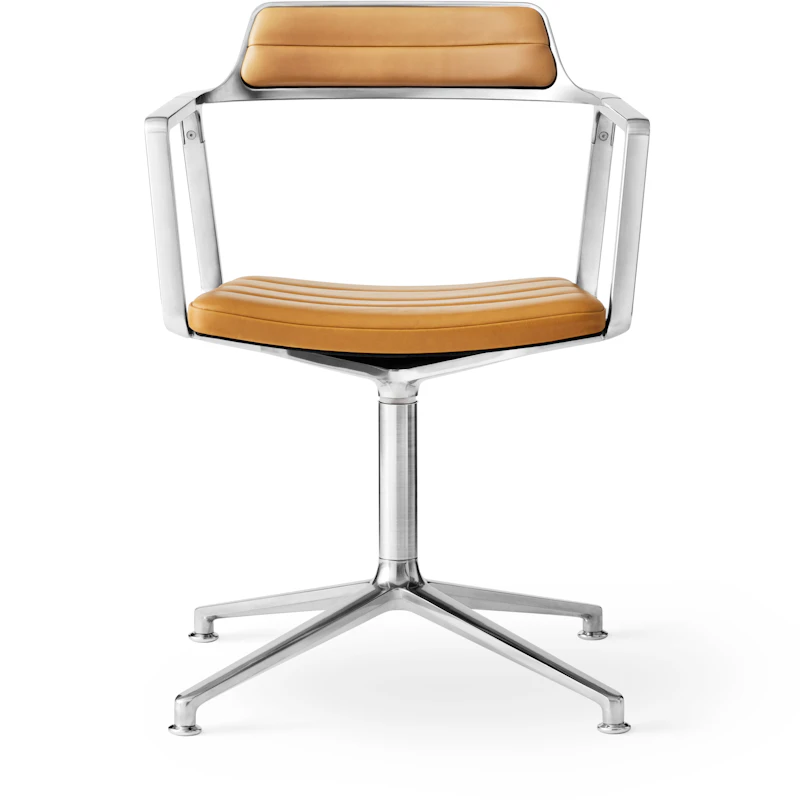 452 Swivel Chair With Feet, Polished Aluminium / Camel Coloured Leather