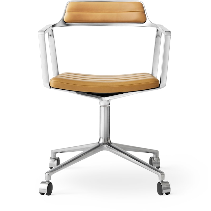 452 Swivel Chair With Wheels, Polished Aluminium / Camel Coloured Leather