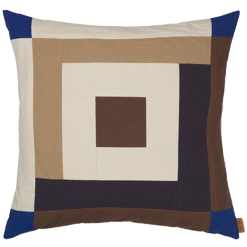 Border Patchwork Cushion 50x50 cm, Carob Brown / Bright Blue