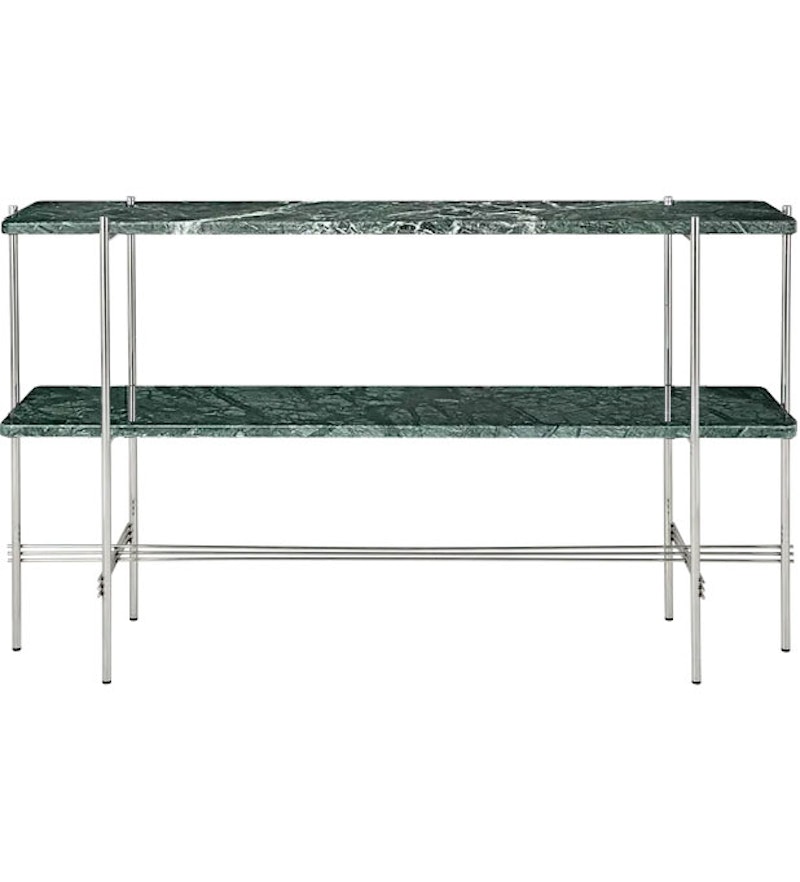 TS Console Side Table 120x30x72 cm, Polished Steel / Green Guatemala marble