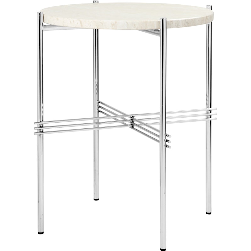 TS Side Table 40 cm, Polished Steel / Neutral white Travertine