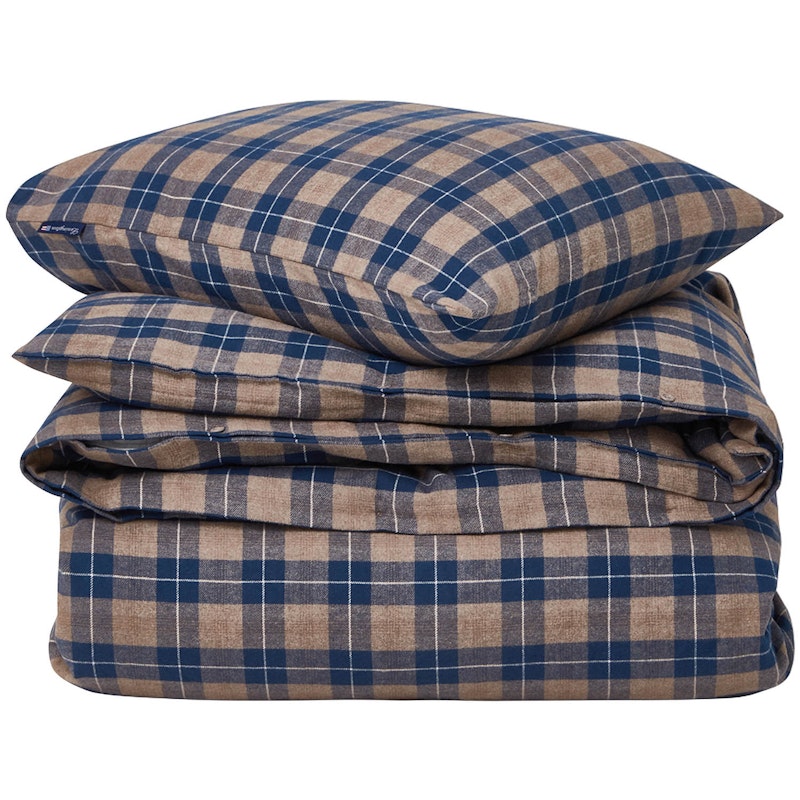 Checked Cotton Flannel Bed Set 220x220/50x60 cm, Denim Blue/Beige