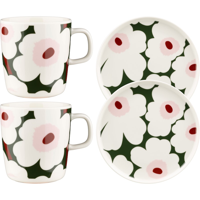 Unikko Breakfast Set 4-pack, White / Pink / Dark Green