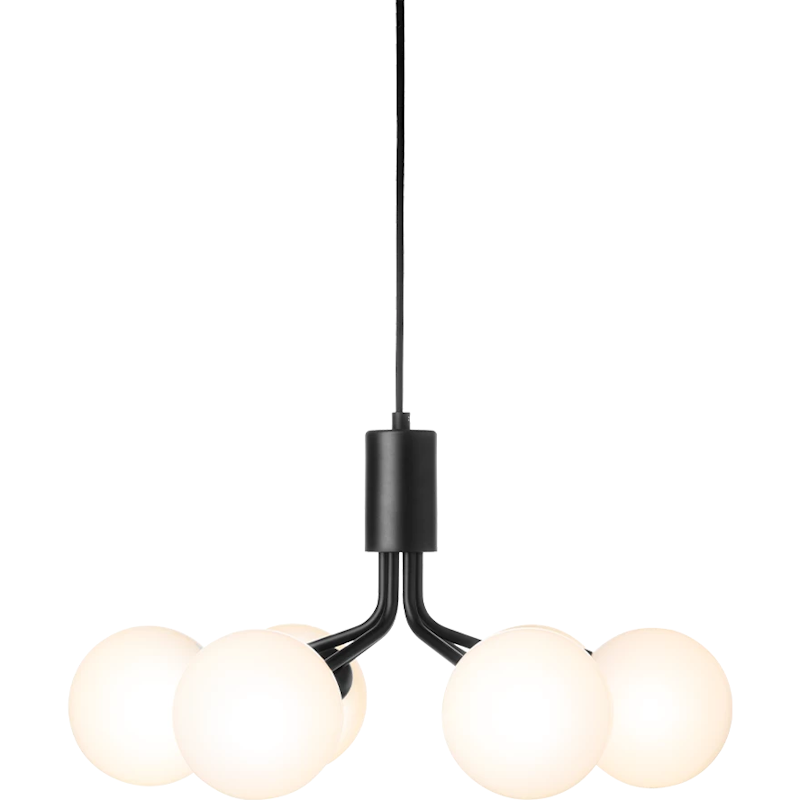 Apiales 6 Chandelier, Satin Black / Opal