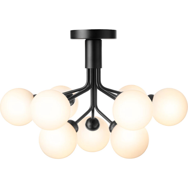 Apiales 9 Flush Ceiling Light, Satin Black / Opal