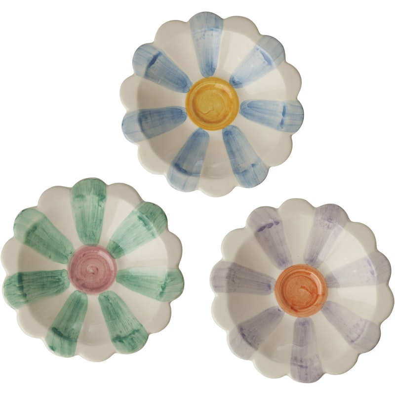 Flower Dip Bowl With Hand-painted Stripes Ceramic 3-pack, Blue / Soft Green / Lavender