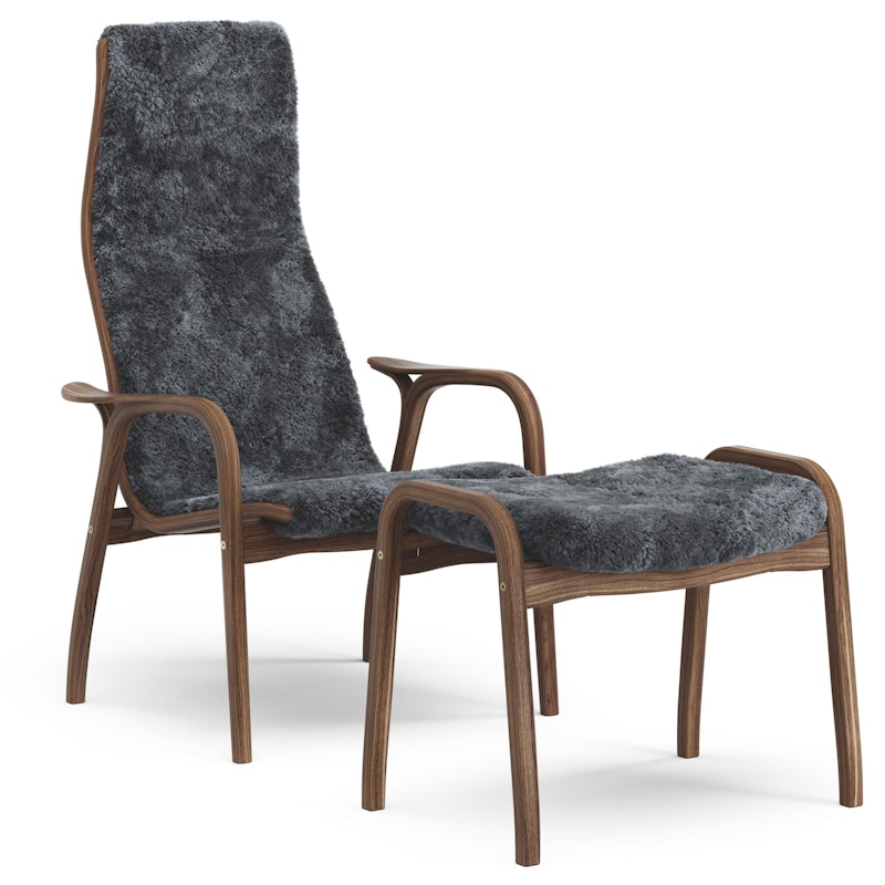 Lamino Armchair With Footstool, Natural lacquered Walnut / Sheepskin Charcoal