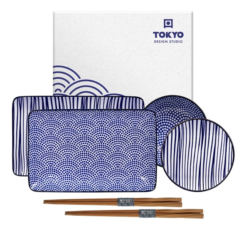 Nippon Blue Sushi Set 6 Pieces, Lines/Dots