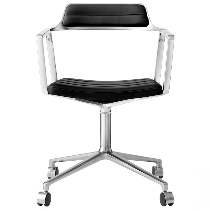 452 Swivel Chair With Wheels, Polished Aluminium / Black Leather