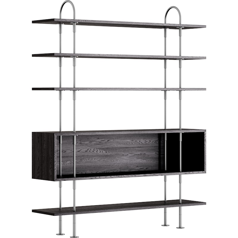 Keen Shelving System With 4 Shelves / 1 Box Shelf 160 cm, Satin-polished Stainless steel / Black-brown stained Ash