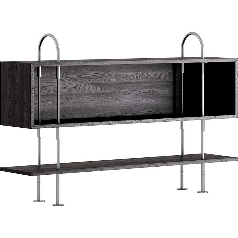 Keen Shelving System With 1 Shelf / 1 Box Shelf 160 cm, Satin-polished Stainless steel / Black-brown stained Ash