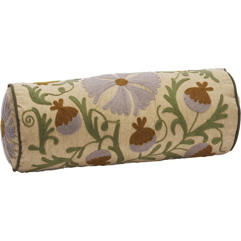 Suzani embroidered Bolster, Green / Lilac / Pumpkin