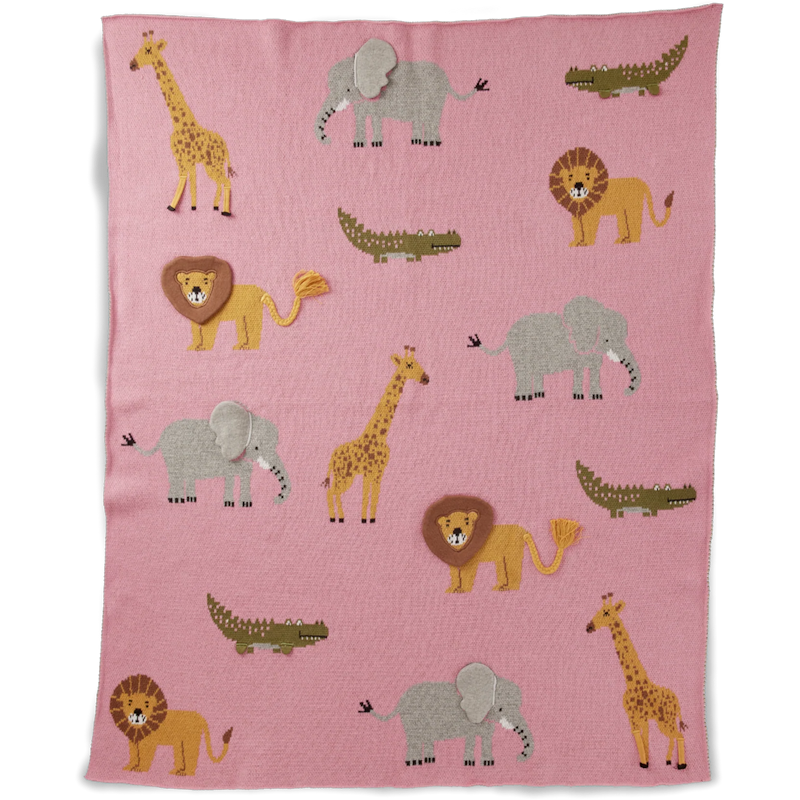 Baby Blanket Knitted With Animals & 3D Details, Pink