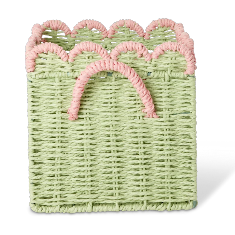 Paper Rope Basket Foldable With Scalloped Edges 20 cm, Green / Pink