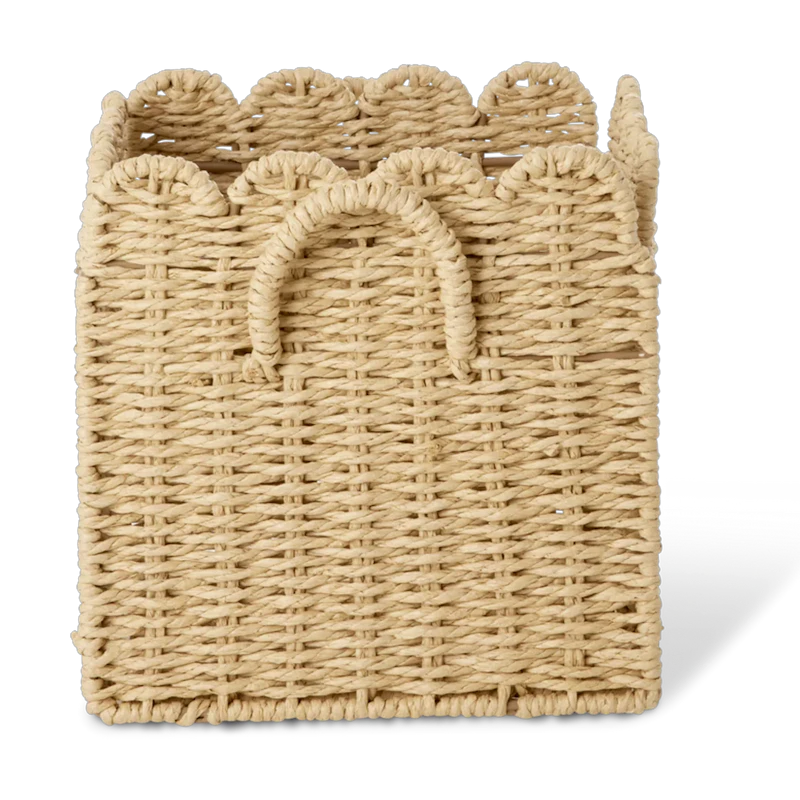 Paper Rope Basket Foldable With Scalloped Edges 20 cm, Natural