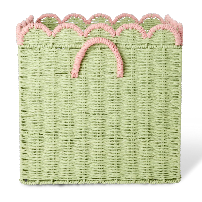 Paper Rope Basket Foldable With Scalloped Edges 33 cm, Green / Pink