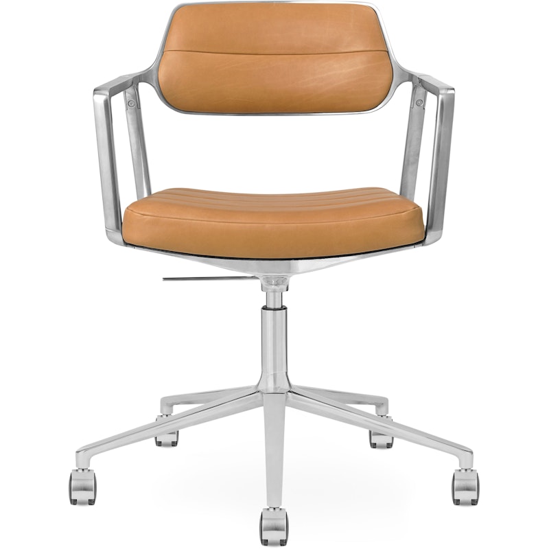 453+ Swivel Chair With Wheels, Polished Aluminum / Camel Leather
