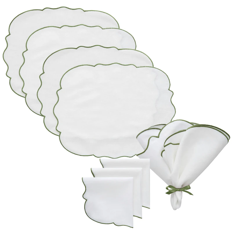 Gia Textilien-Set 4 Tischsets + 4 Servietten, Weiß / Grün