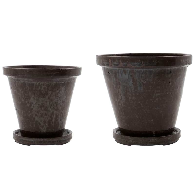 Flower pot with tray 2-pack H12xØ13,5/H14xØ16, Brown