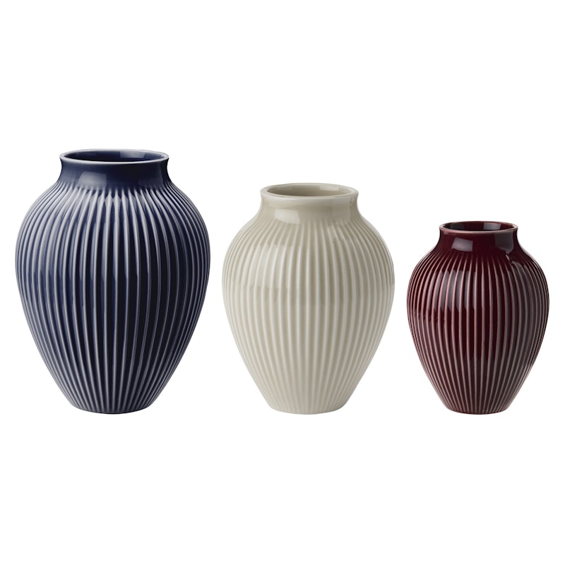 Vase Profiliert 3-er Set, Sandfarben / Dunkelblau / Ripple Berry