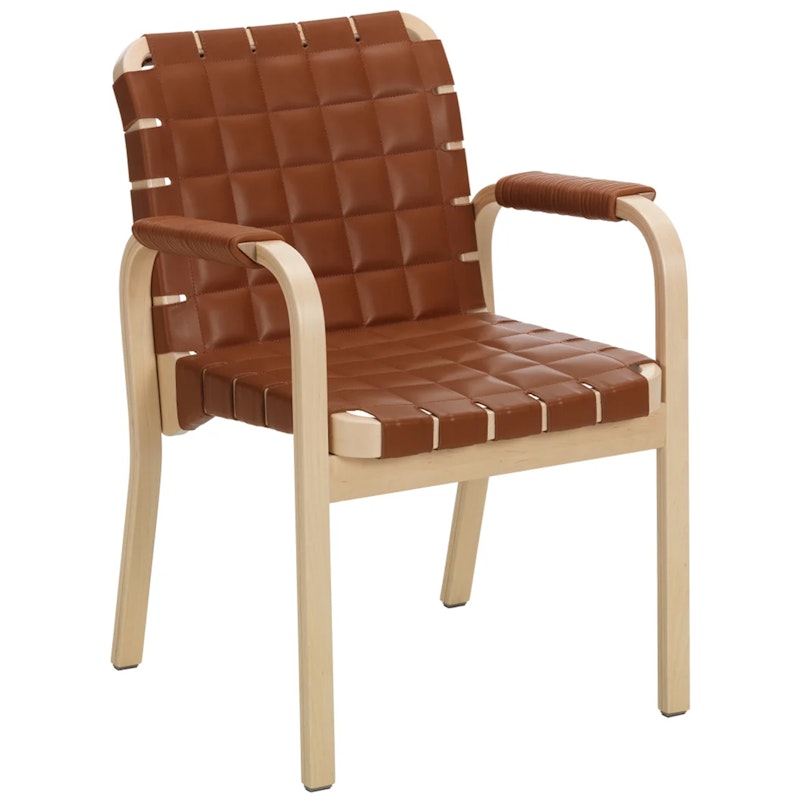 Armchair 45 Fauteuil, Helder Gelakt Berken / Gewatteerde Leer Donkerbruin