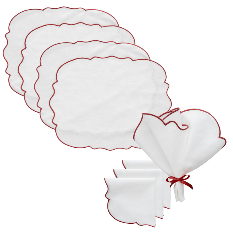 Gia Textielset 4 Placemats + 4 Servetten, Wit / Wijnrood