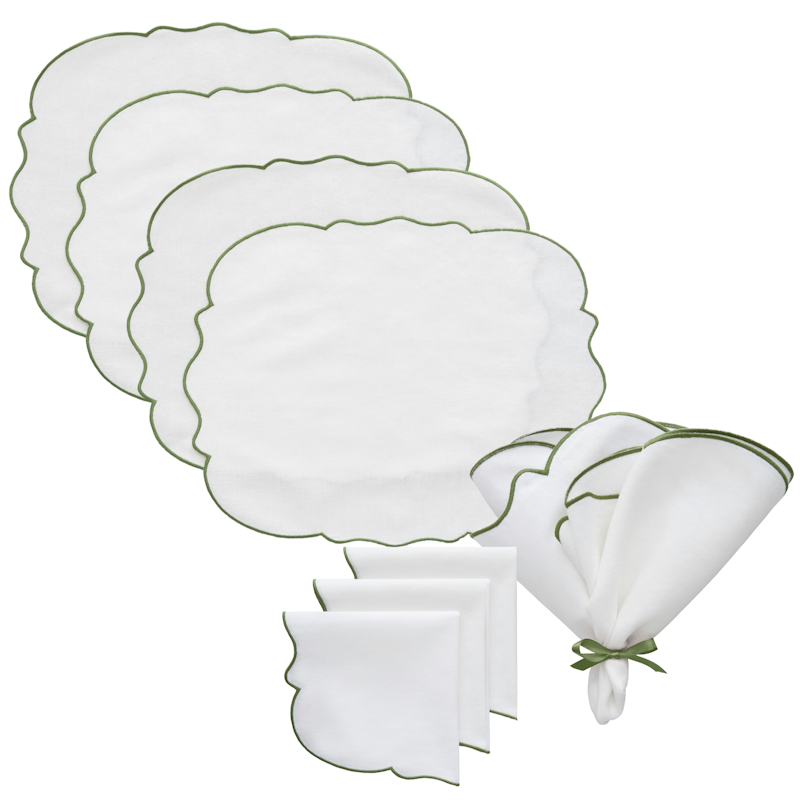Gia Textielset 4 Placemats + 4 Servetten, Wit / Groen