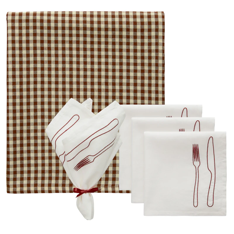 La Tavola / Oliva Textielset 4 Servetten + Tafelkleed, Bruin / Wijnrood