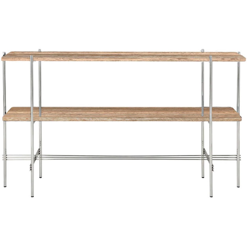 TS Console Bijzettafel 120x30x72 cm, Gepolijst Staal / Warm taupe Travertijn