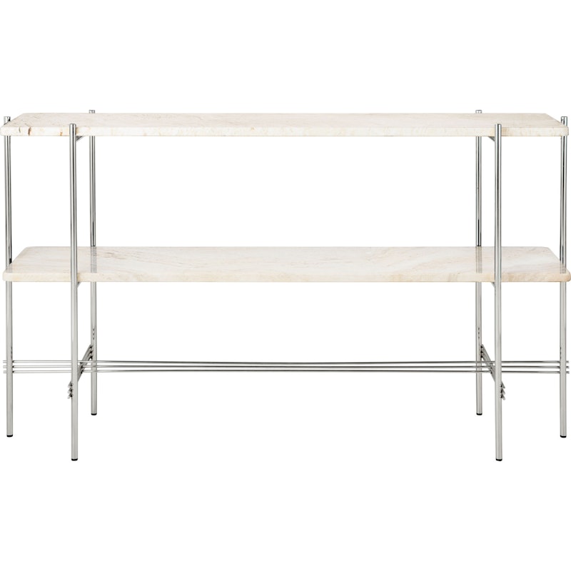 TS Console Bijzettafel 120x30x72 cm, Gepolijst Staal / Neutraal wit Travertijn