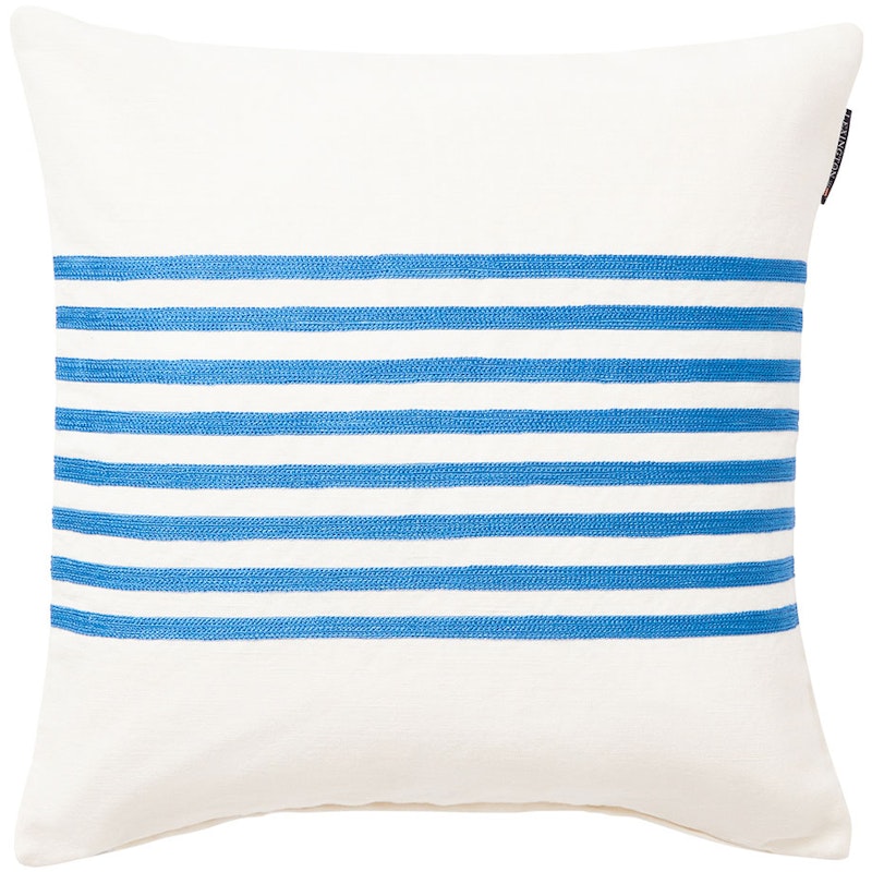 Embroidery Striped Linen/Cotton Kussenhoes 50x50 cm, Blauw/Gebroken Wit