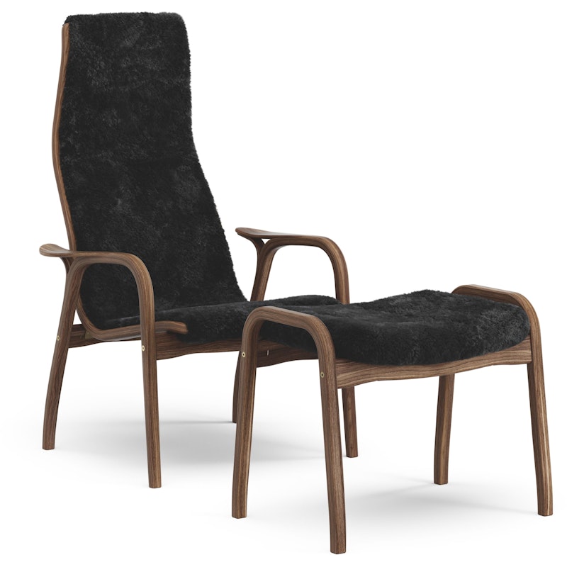 Lamino Fauteuil Met Voetenbank, Natuurlijk gelakt Walnoothout / Shapenvacht Zwart