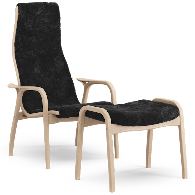 Lamino Fauteuil met Voetenbank Shapenvacht, Zwart / Gelakt Beukenhout