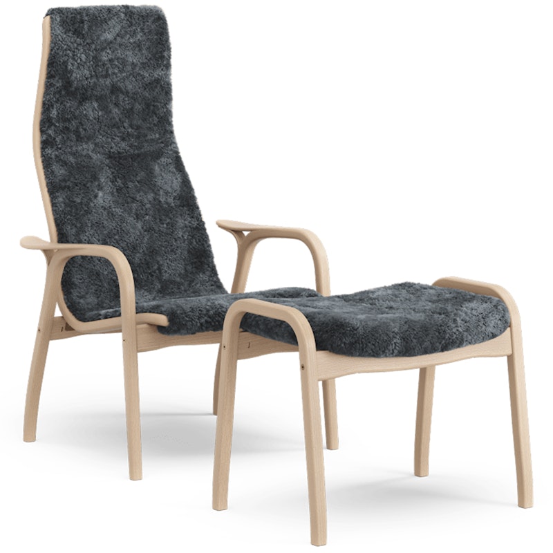 Lamino Fauteuil met Voetenbank Shapenvacht, Houtskool / Gelakt Beukenhout