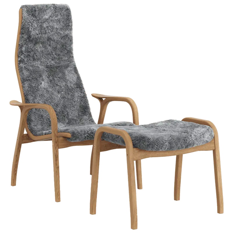 Lamino Fauteuil met Voetenbank Shapenvacht, Scandinavisch Grijs / Geolied Eiken