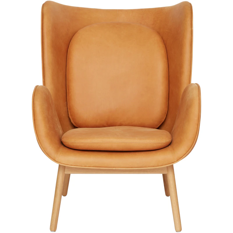 Enclose Armchair, Legs Matte Lacquered Oak / Leather Vintage Cognac