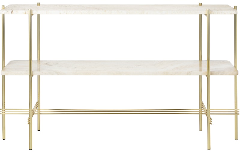 TS Console Side Table 120x30x72 cm, Brass / Neutral white Travertine