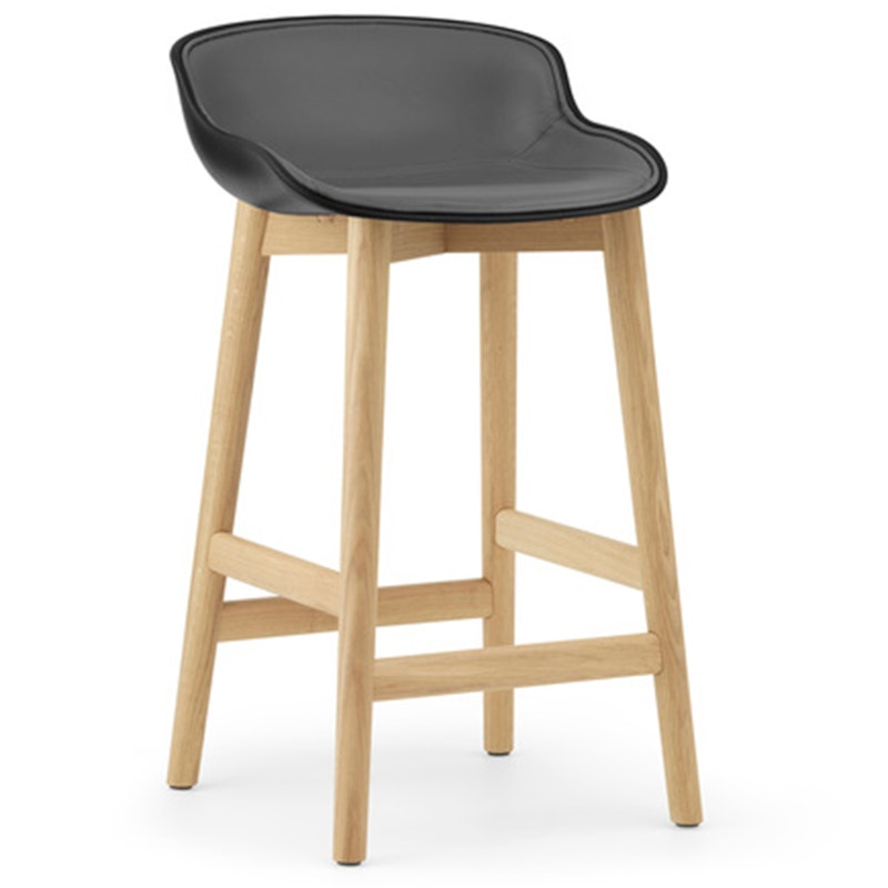 Hyg Bar Stool 65 cm, Upholstered Front, Black Leather / Oak