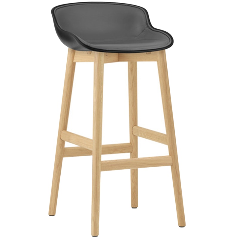 Hyg Bar Stool 75 cm, Upholstered Front, Black Leather / Oak