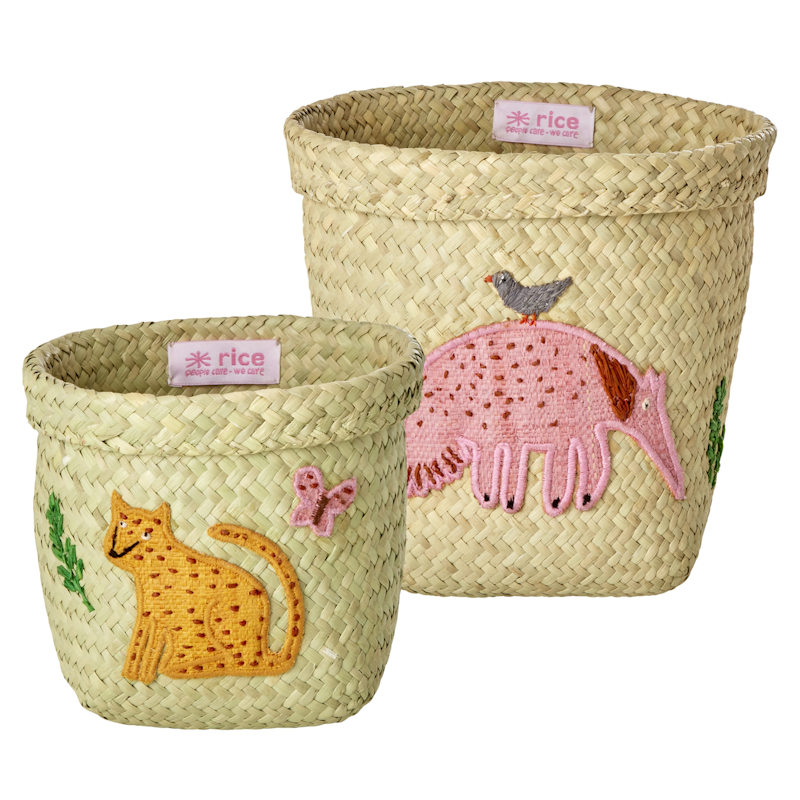 Storage Basket 2 Pieces, Animal Embrodery Pink
