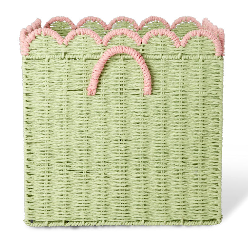 Paper Rope Basket Foldable With Scalloped Edges 33 cm, Green / Pink