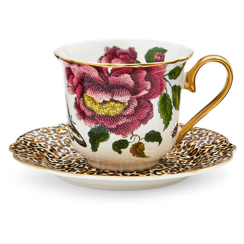 Creatures Of Curiosity Teacup With Saucer, Leopard/Cream