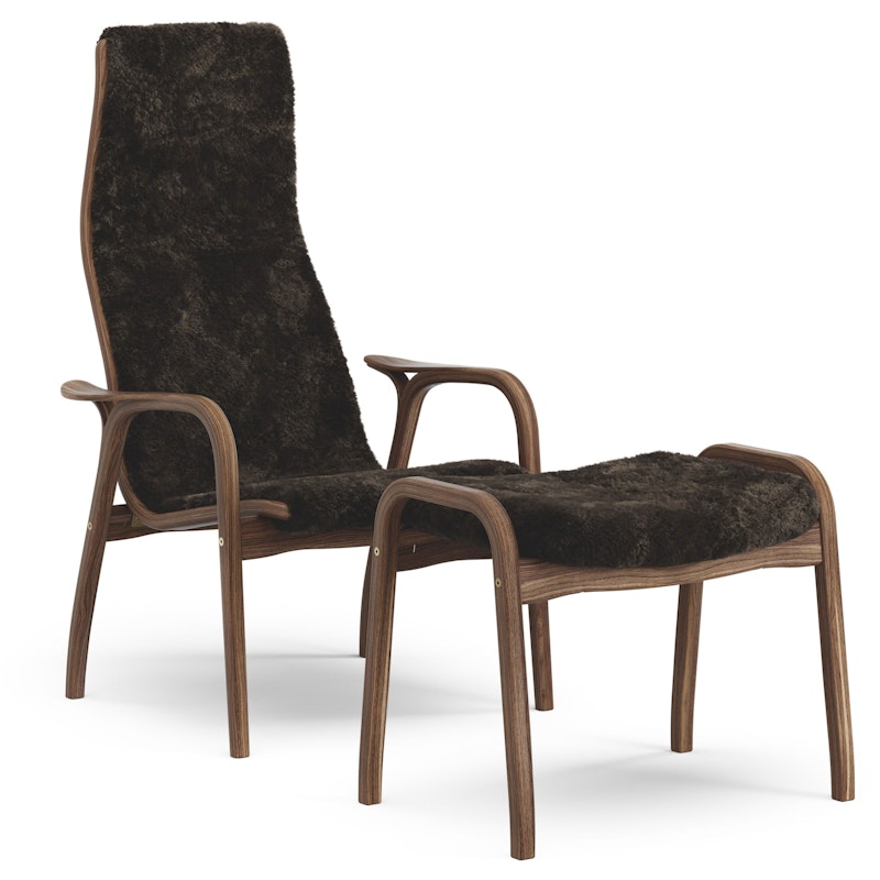 Lamino Armchair With Footstool, Natural lacquered Walnut / Sheepskin Espresso