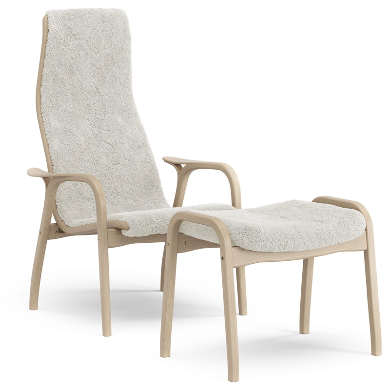 Lamino Armchair With Footstool, Natural lacquered Beech / Sheepskin Off-white