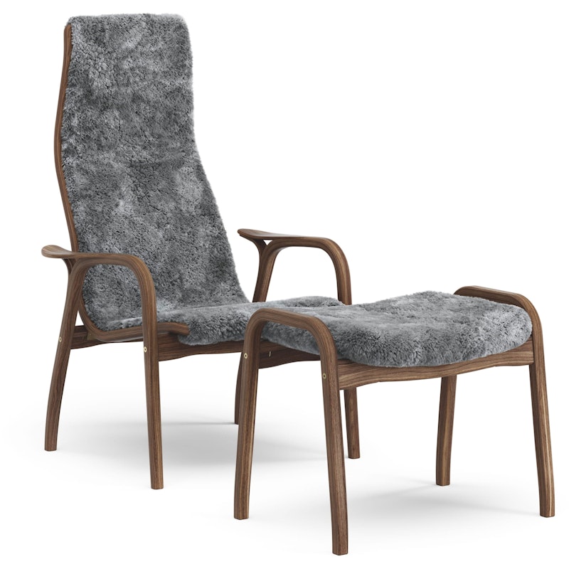 Lamino Armchair With Footstool, Natural lacquered Walnut / Sheepskin Scandinavian Grey